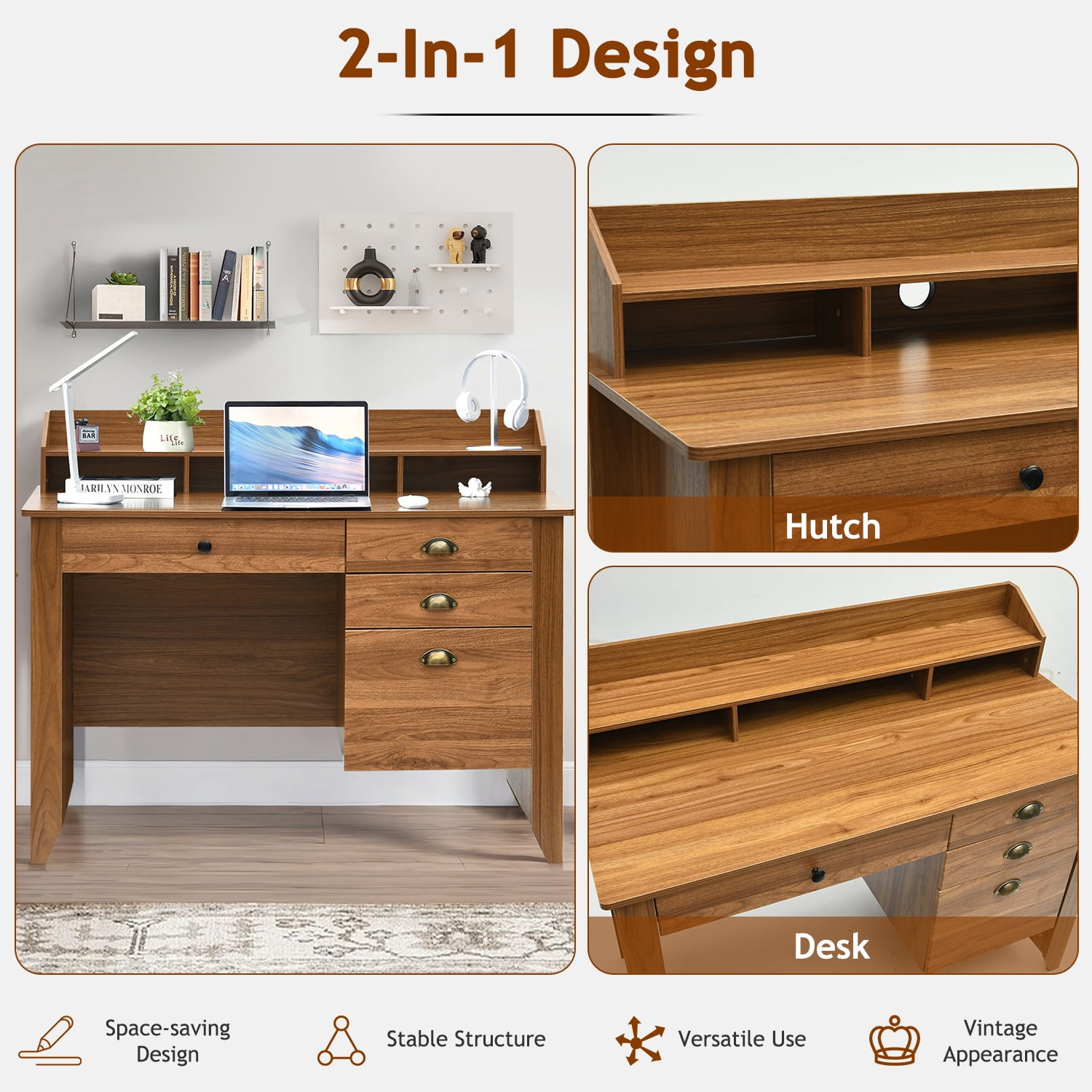 Catrimown Computer Desk, 47.5 in Wood Home Office Desk with Hutch and 4 Drawers, Monitor Stand, Rustic Brown