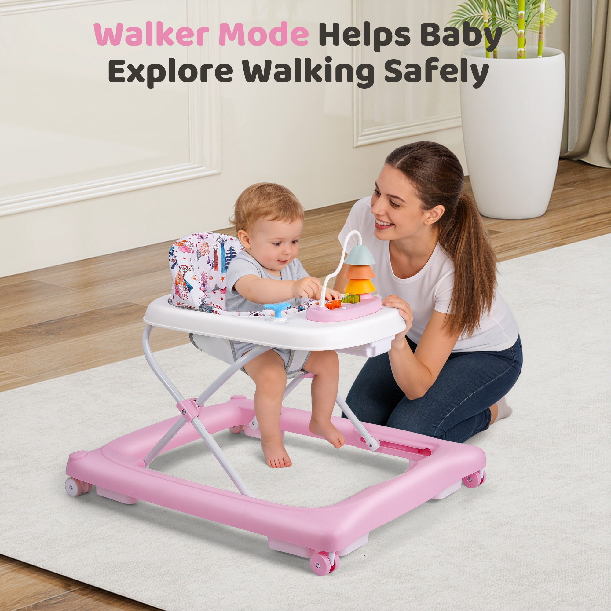 Babyeap Baby Walker,Foldable Baby Activity Walker with Wheels,Toddler Activity Centers,Removable Toys,Ages 6-15 Months,Pink