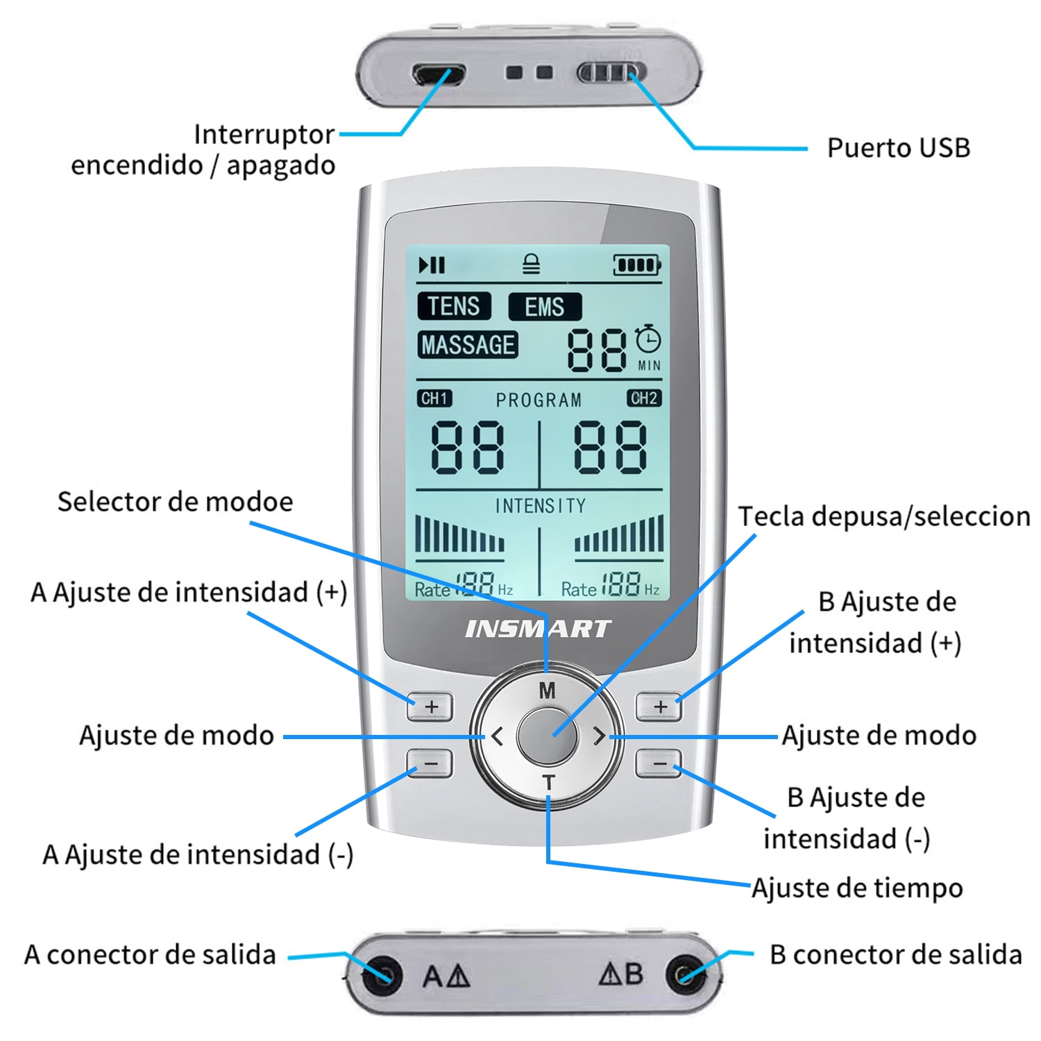 INSMART TENS Unit Rechargeable Muscle Stimulator EMS Dual Channel with 10 Reusable Electrode Pads 60 Modes for Back Neck Pain Muscle Therapy Pain Management Pulse Massager (Upgrade)