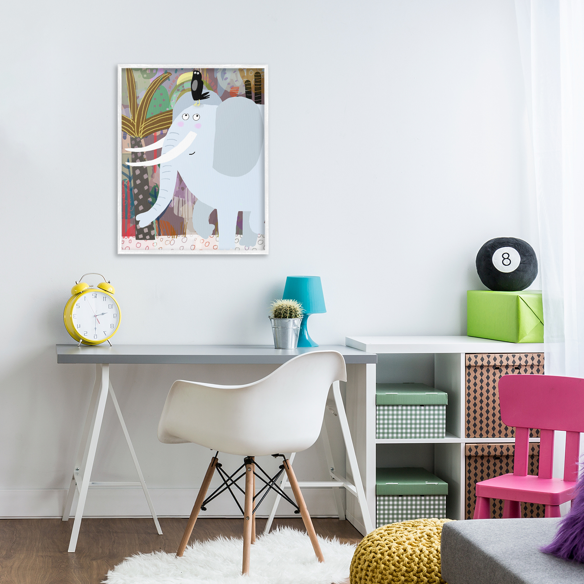 Elephant & Toucan in Jungle White Framed Giclee Art, design by Carla Daly
