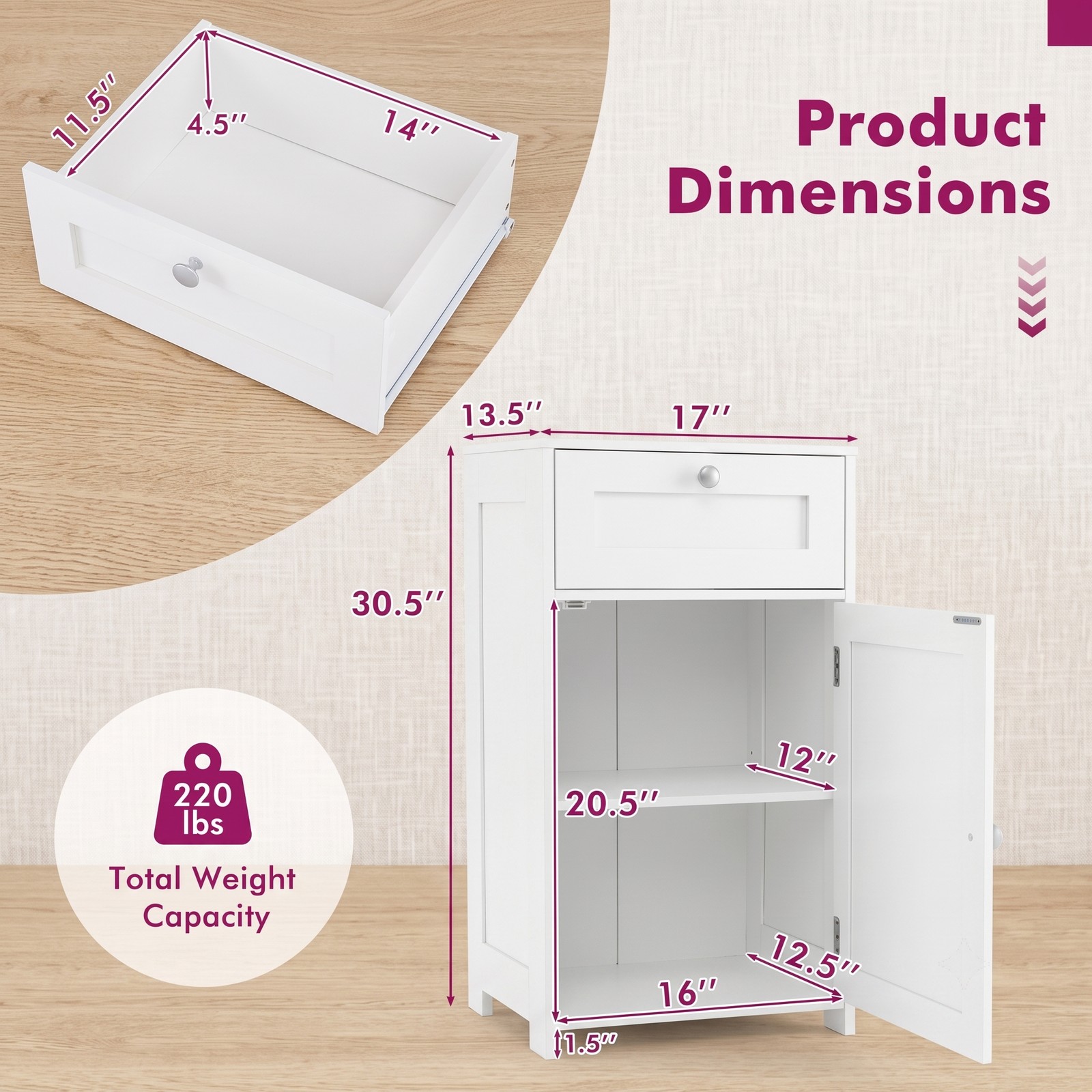 Fenbeli Single Door Bathroom Cabinet with Adjustable Shelf and Drawer, Freestanding Floor Storage Organizer Cabinet for Bathroom, Living Room, Entryway with, White