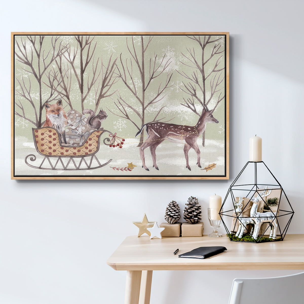 Christmas Time I - Framed Gallery Wrapped Holiday Canvas - 27 x 41 - Natural Wood Frame