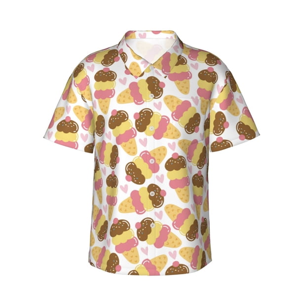 Balery Cute Ice Cream Camisas hawaianas de manga corta para hombre, camisas playeras de corte holgado, camisas de vacaciones con botones,3X-Large