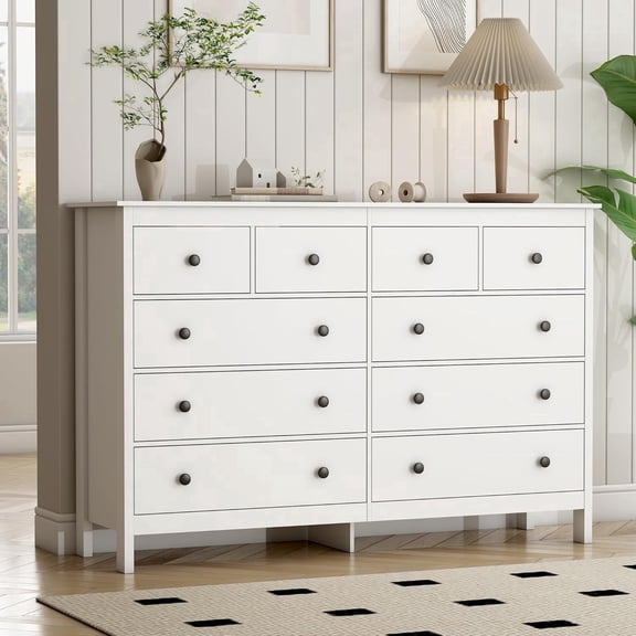 White Dresser, Cuoote 10 Drawer Dresser for Bedroom, 55 Inch Wide Modern Chest of Drawers, Tall Bedroom Furniture Storage Organizer
