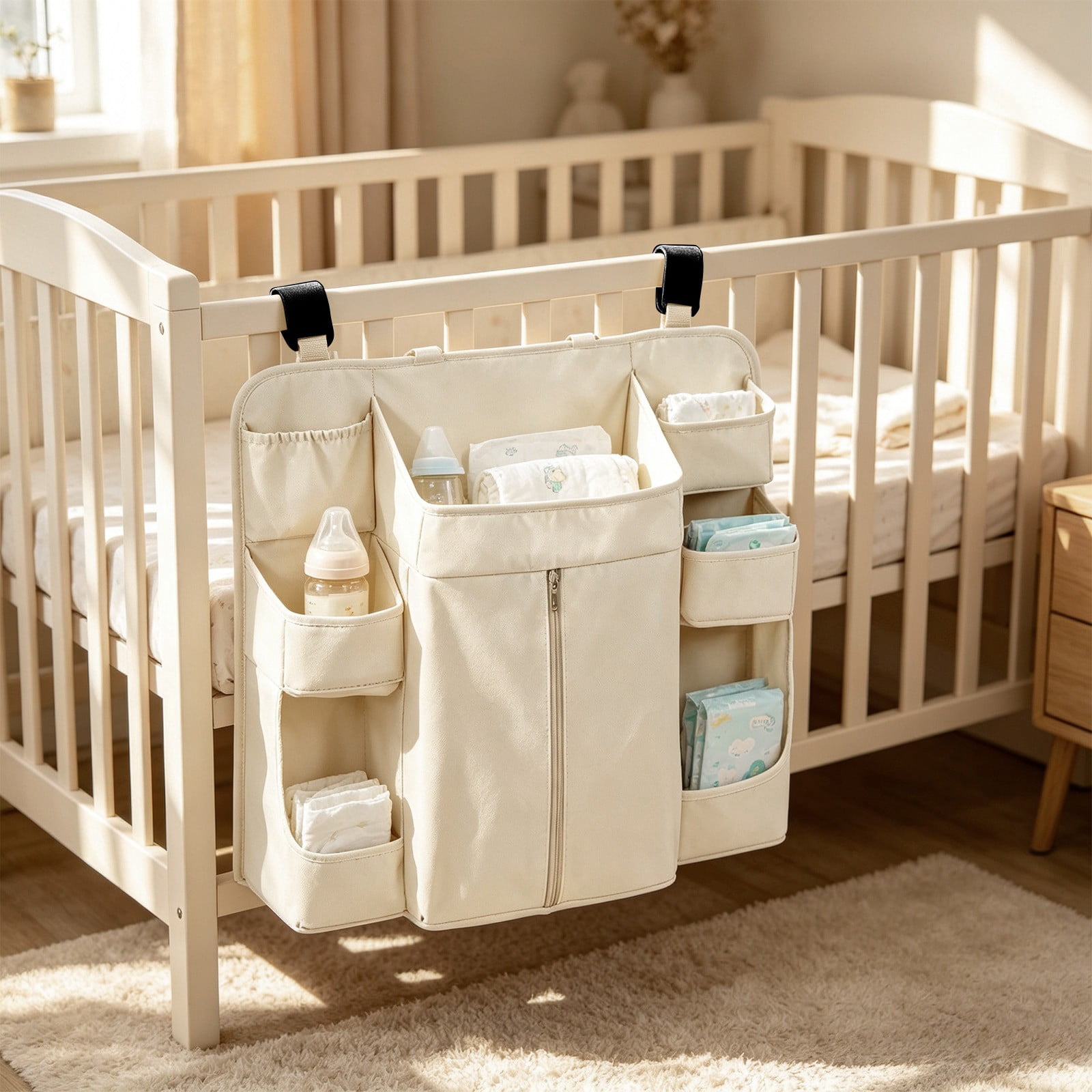 Hanging Crib Organizer with Multi-Pockets, Baby Diaper Caddy Storage Bag, Washable Nursery Organizer for Diapers, Bottles, Wipes and Baby Essentials Beige
