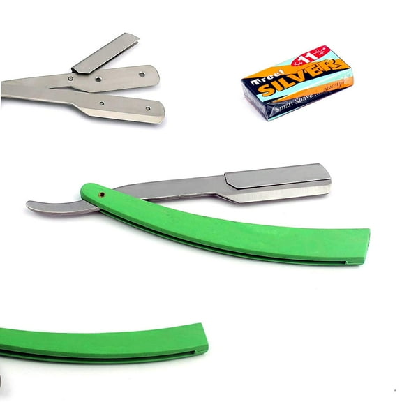 Odontomed2011 Professional Straight Barber Edge Steel Razors Folding Shaving Knife Green Folding Hair Removal Shaving Razor Double (Green Handle   11 Blades)