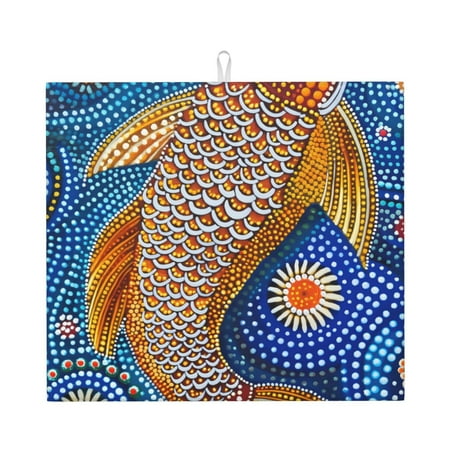 

Lukts Colorful Dot Art Fish Print Ultra Water Dish Drying Mat Slip Resistant Pad for Sink Dishes or Under Rack Kitchen Counter Accessories