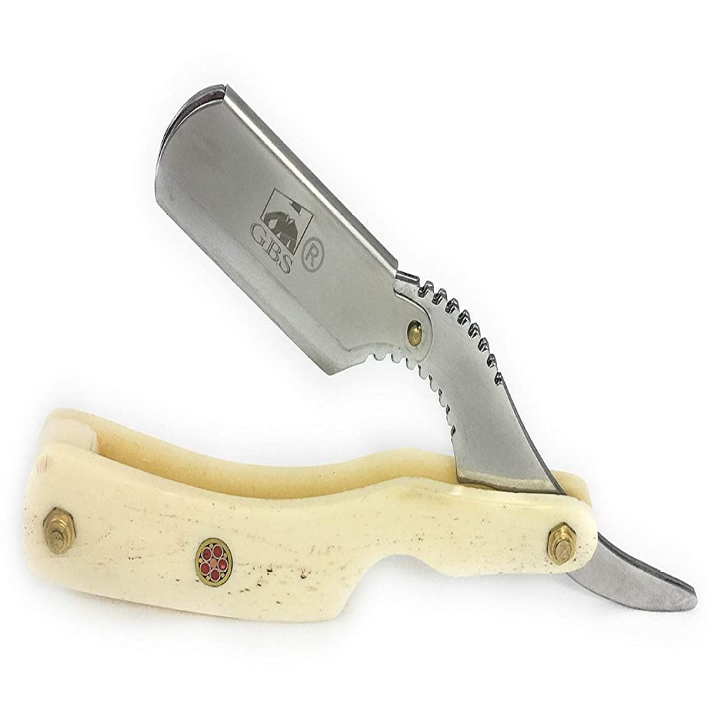 GBS Classic Straight Edge Razor Barber Shavette + Brush and Razor Stand - Ivory Horn Handle - Gold Accents + 10 Blades Mens Manual Shaver Excellent Locking Safety Mechanism