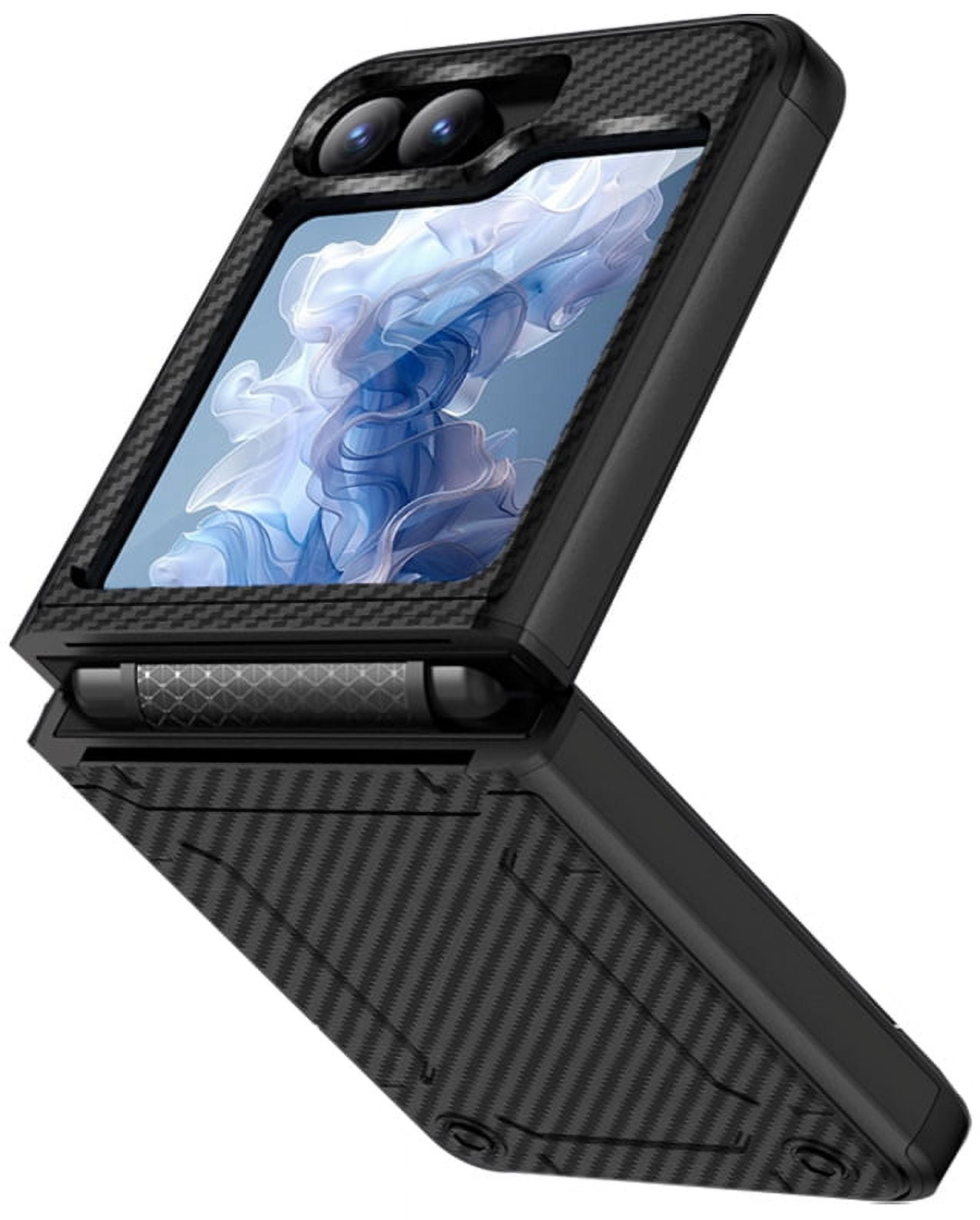 Rizz Case and Belt Clip Combo for Samsung Galaxy Z Flip 6 Phone, Nakedcellphone Rugged Hybrid Cover [with Hidden Hinge Panel Protection] and Holster Holder for Z Flip6  - Black Carbon Fiber Design