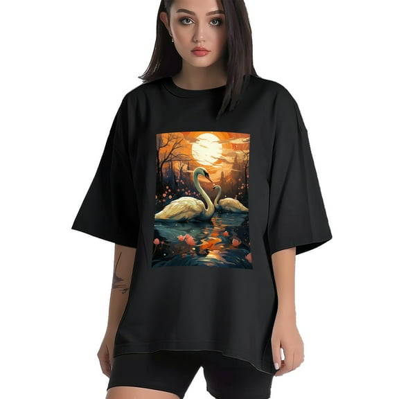 Plus Size Shirt for Women Black Tops for Women Short Sleeves Shirt for Women Swans T Shirt Crewneck Shirt for Women XS