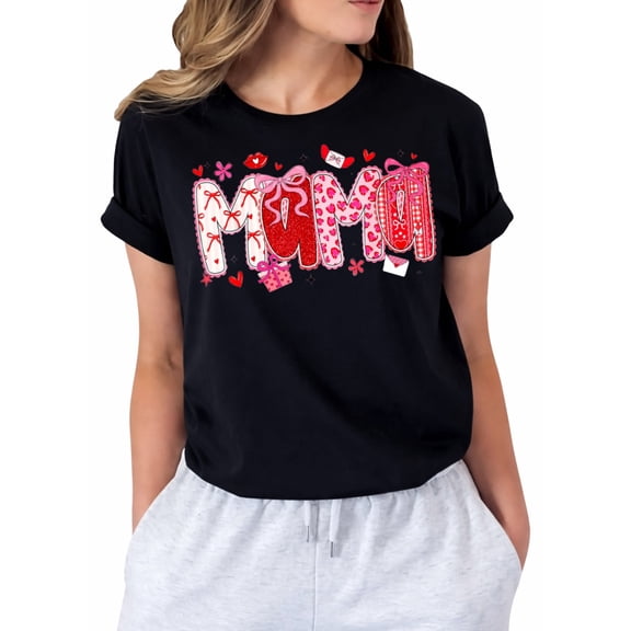 Mama Bow and Cute Heart Print Graphic T-Shirt for Women, Casual Short Sleeve Crew Neck Tee