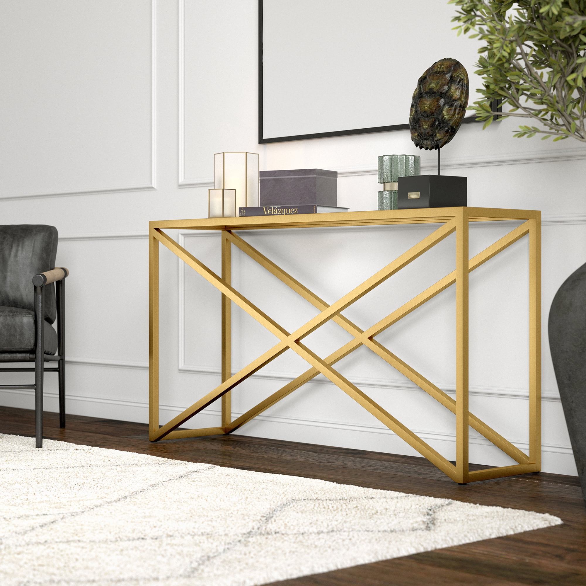 Evelyn&Zoe Calix 55" Wide Rectangular Console Table, Brass