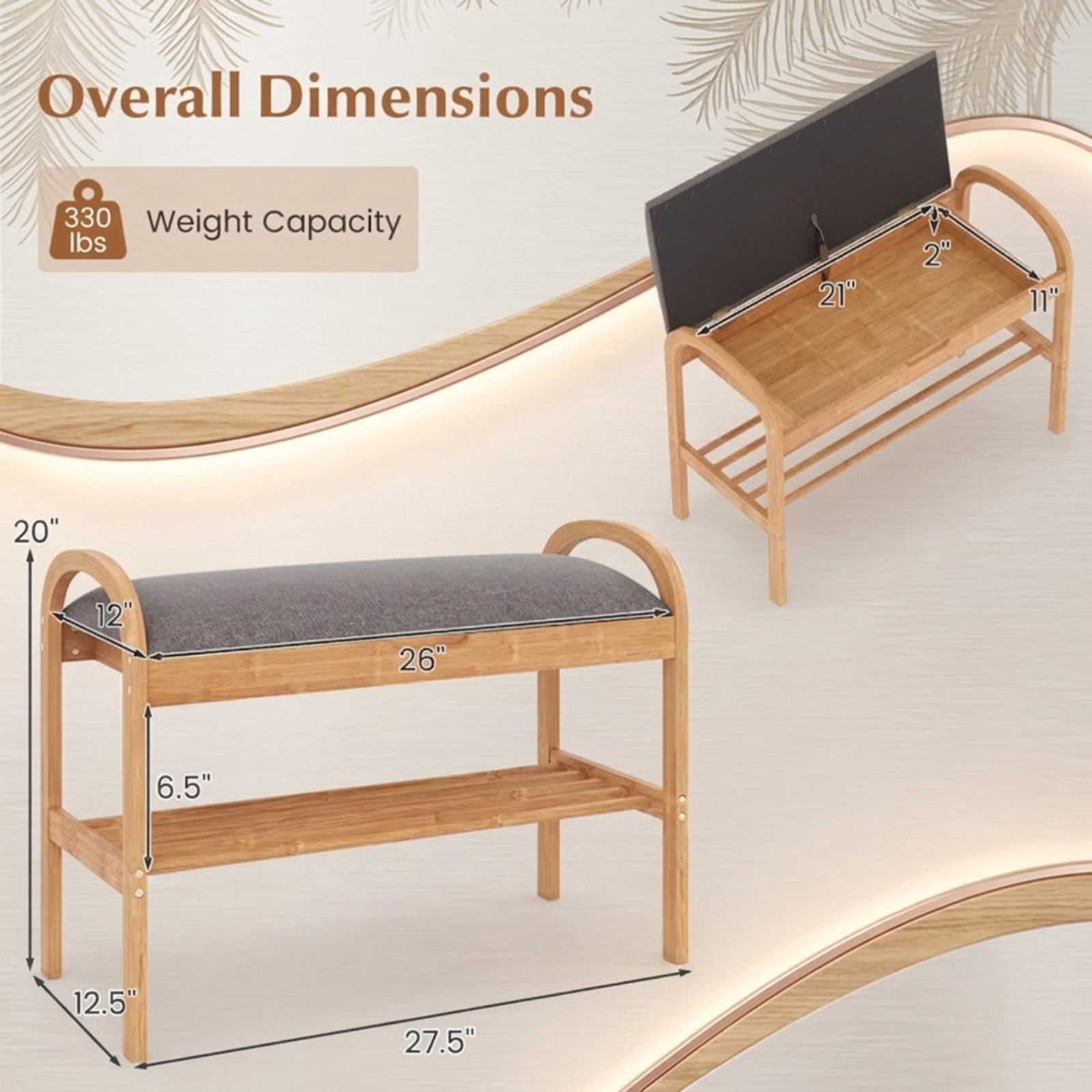 Furnibear 2 Tier Bamboo Shoe Bench with Hidden Storage Compartment and Padded Cushion for Entryway Shoe Storage Seating, Gray