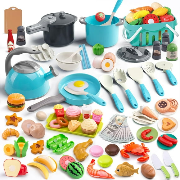 Juego de cocina Funpynani, 130 unidades, con ollas, sartenes y utensilios, color turquesa