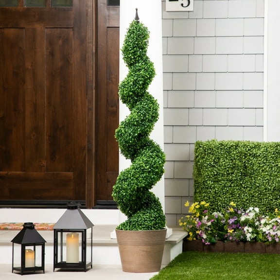 Northlight Potted Two Toned Artificial Spiral Boxwood Garden Topiary Tree - 5'
