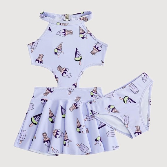 Gyujnb Cartoon Print Two-Piece Swimsuit, Cute Halter Tankini with Skirted Bottom (Toddler,Little Girls),3-4 Years