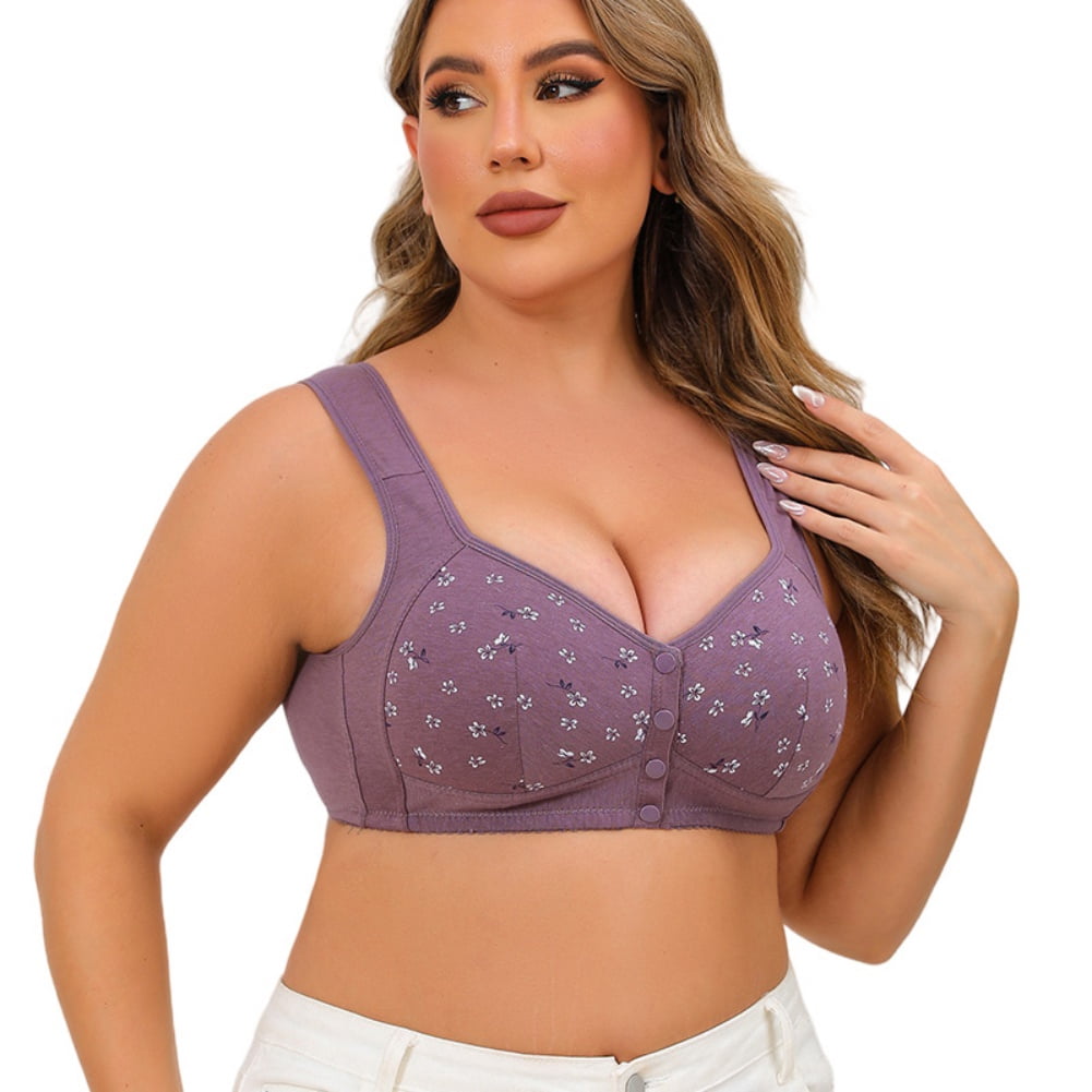 4 Pack Plus Size Front Closure Bras for Women - Wireless Supportive Full Coverage U-Back Bralettes with Wide Adjustable Strap, Breathable Soft Floral Everyday Bras for Seniors & Curvy Ladies (XL-7XL)