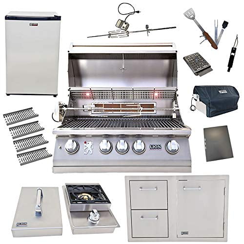 Lion 32-Inch Natural Gas Grill L75000 with 4 Ceramic Tubes w/ Flame Tray and Door and Drawer Combo and Single Side Burner and Refrigerator and 5 in 1 BBQ Tool Set Best of Backyard Gourmet Package Deal
