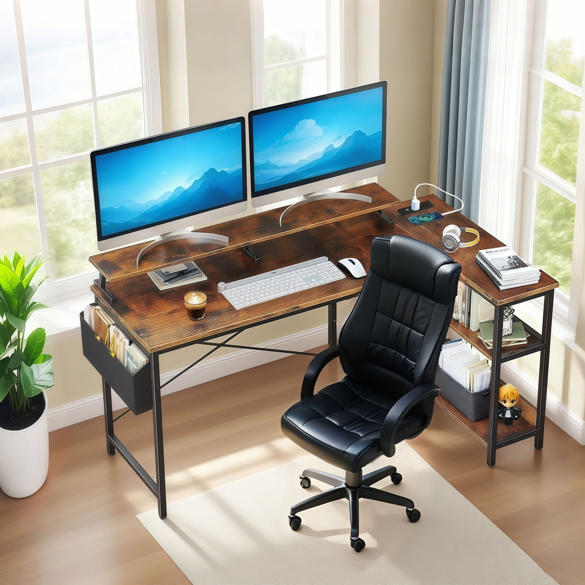 L Shaped Computer Desk with Monitor Stand 47'' Gaming Desk with Power Outlets, Office Desk with Side Bag for Home Office, Bedroom