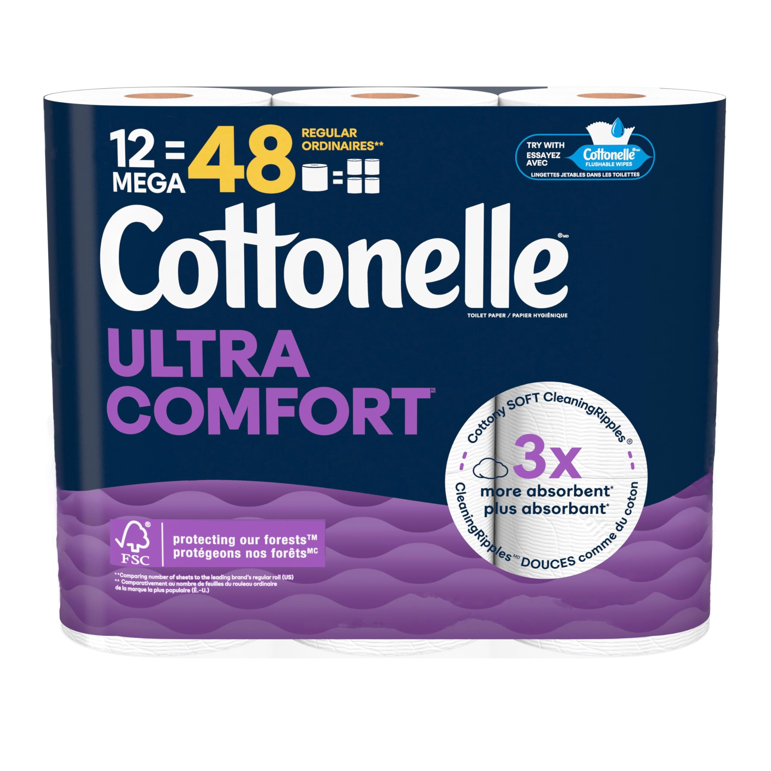 Refurbished Cottonelle Ultra Comfort Toilet Paper, Strong Toilet Tissue, 12 Mega Rolls (12 Mega Rolls = 48 Regular Rolls), 244 Sheets Per Roll