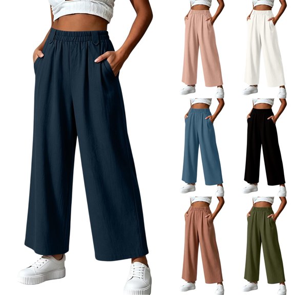 Wide Leg Palazzo Pants for Women Summer Elastic High Waist Flowy Travel Beach Pant with Pockets, XL