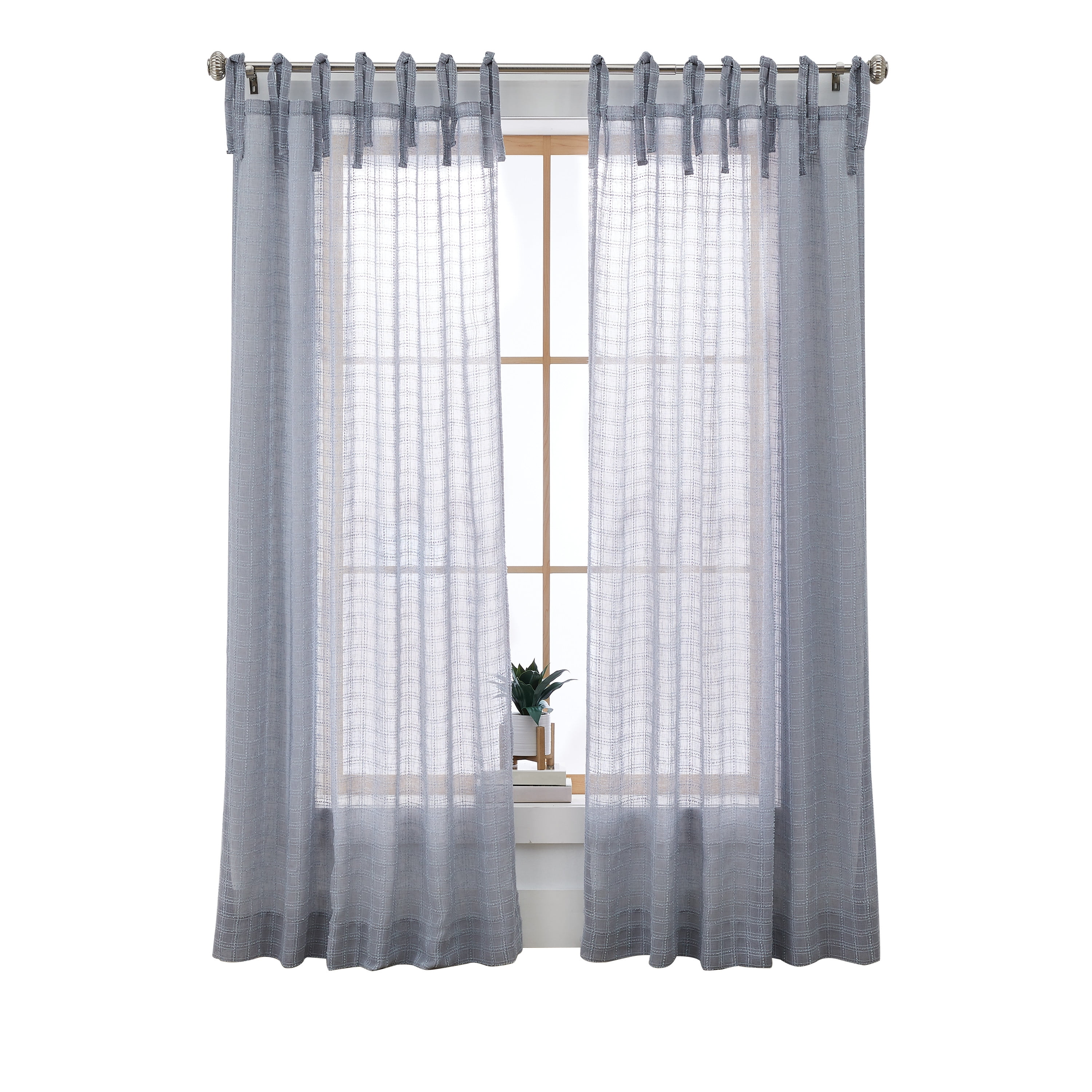 Better Homes & Gardens Sheer Windowpane Stitch Tie Top Single Curtain Panel, Soft Silver, 50" W x 108" L