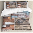 thumbnail image 1 of Rustic Duvet Cover Set, Modern and Farm Themed Old Wooden Detailed Modern Design with Screws Art, Decorative 3 Piece Bedding Set with 2 Pillow Shams, Queen Size, Brown and Blue, by Ambesonne, 1 of 3