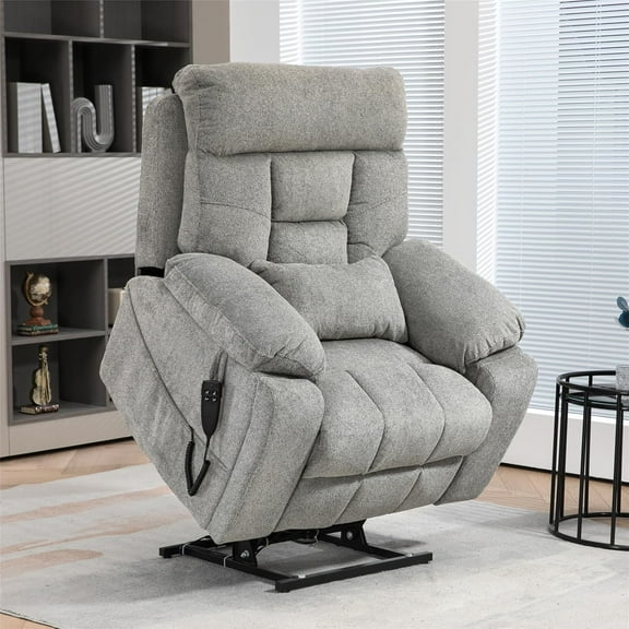 Lift Recliner for Big and Tall Seniors Lay Flat, Sea Island Cotton Lift Chair with Heat and Massage, Reclining to 180, Dual OKIN Motors - Fabric - Gray
