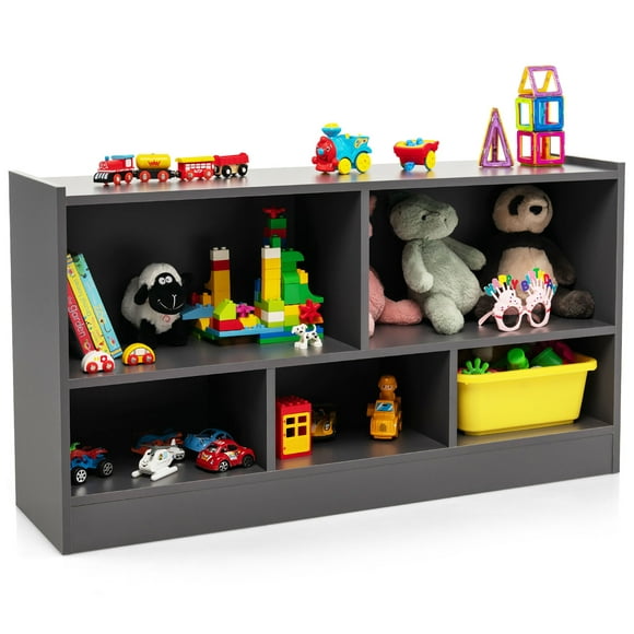 Costway Kids 5-Cube Toy Storage Cabinet 2-Shelf Wooden Bookcase School Organizer Grey