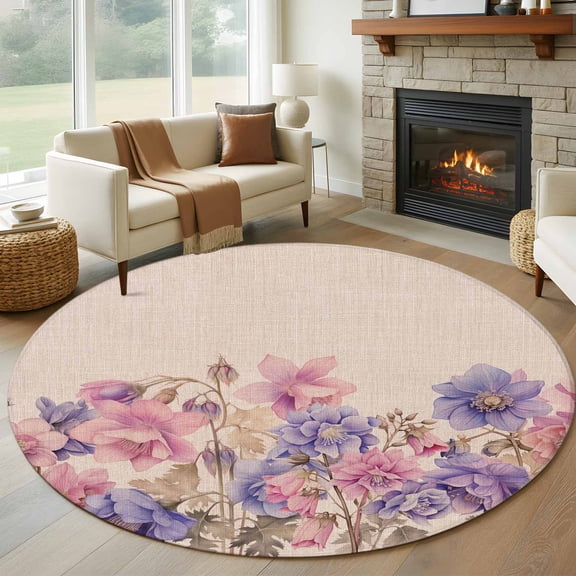 5ft Round Rug, Pink Blue Spring Floral Non-Skid Rubber Backing Large Area Rugs - Living Room Bedroom Home Office, Rustic Summer Flower Botanical Indoor Floor Mat Carpets Washable Rug