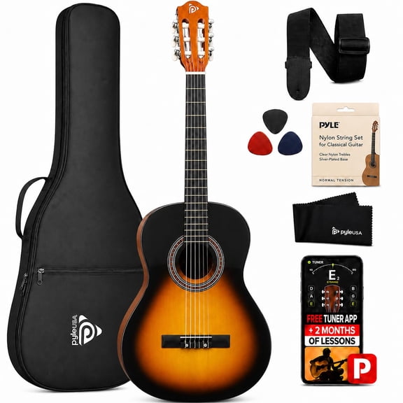 Pyle Beginner Acoustic Guitar Kit, 3/4 Junior Size All Wood Instrument for Kids, Adults, 36" Sunburst Teardrop Matte