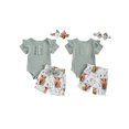 thumbnail image 2 of BemeyourBBs Newborn Baby Girl Summer Outfits Cute Infant Baby Girl Clothes Solid Color Ribbed Knit Short Sleeve Romper Front Bow Floral Cow Print Shorts Set Headband 3Pcs, 2 of 9