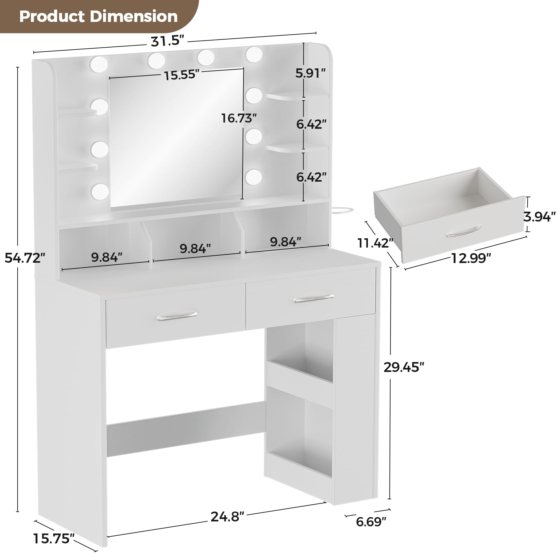 COMHOMA White Vanity Desk with Mirror and Lights, Hairdryer Holder, 5 Drawers, Bedroom Dresser Table for Girls