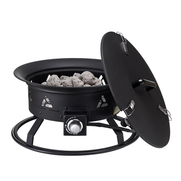 24 Inch Black Propane Fire Pit with Cover Lava Rocks 58000 BTU Adjustable Flame Outdoor Portable Camping Heating Lighting Gathering