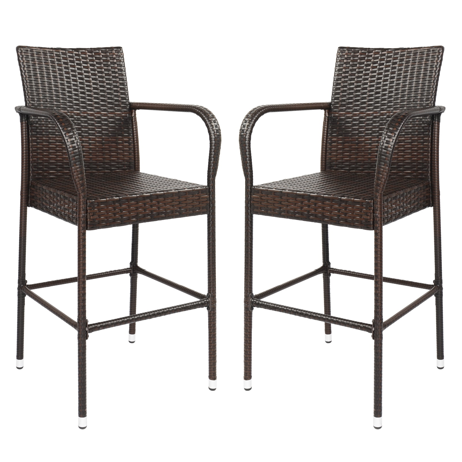 QXDRAGON 2Pcs Outdoor Patio Brown Rattan Bar Chairs Wicker Bar Stools