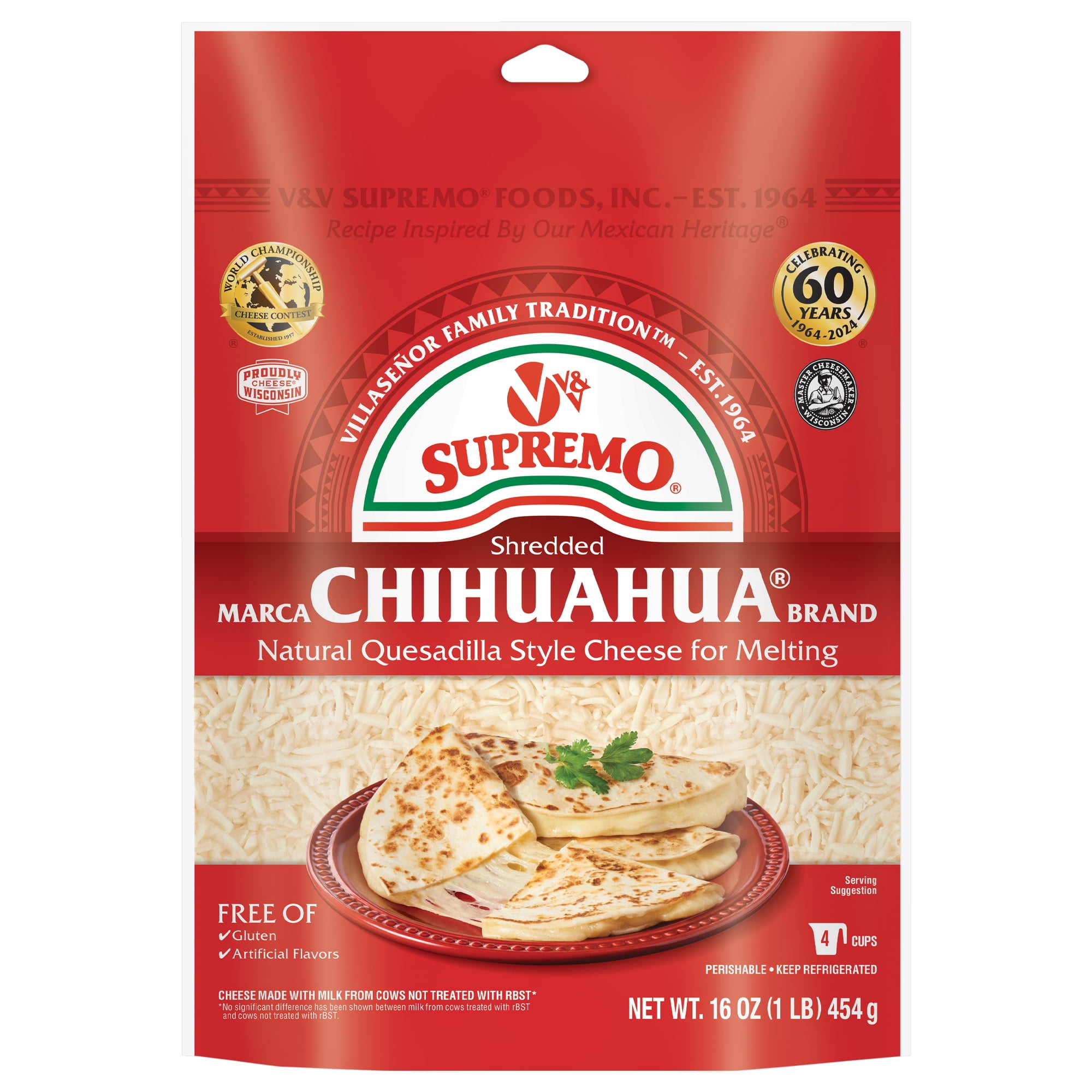 V&V Supremo Shredded Chihuahua Authentic Mexican Style Quesadilla Cheese, Gluten-Free, 16 oz, Refrigerated