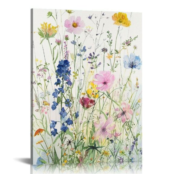 JRXY Colorful Flower Framed Canvas Wall Art Set, Watercolor Daisy Floral Wall Decor, Wildflower Green Leaf Wall Painting, Multicolour Botanical Art Print for Living Room, Bedroom 12x16 in