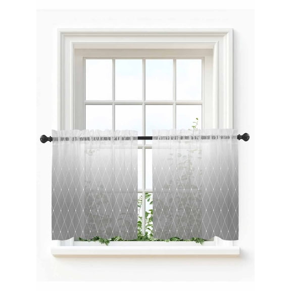 Gray Ombre Tier Curtains 36 Inch Length,Sheer Curtains for Bedroom Living Room Window Modern Geometric Abstract Rhombus Striped Rod Pocket Drapes Kitchen Curtains Small Half Window 27.5"x36" 2 Panels
