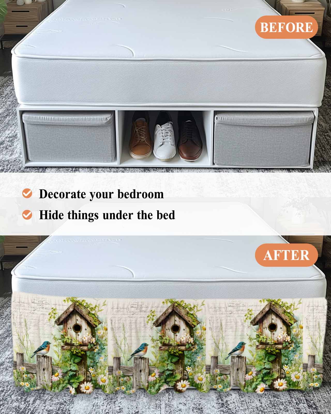 Spring Flowers Bed Skirt Queen Size 16 Inch Drop, Country Bird House Fence White Daisy Leaf Beige Adjustable Elastic Dust Ruffles Bedskirt for Queen Bed Wrap Around Pleated Mattress Frame Cover