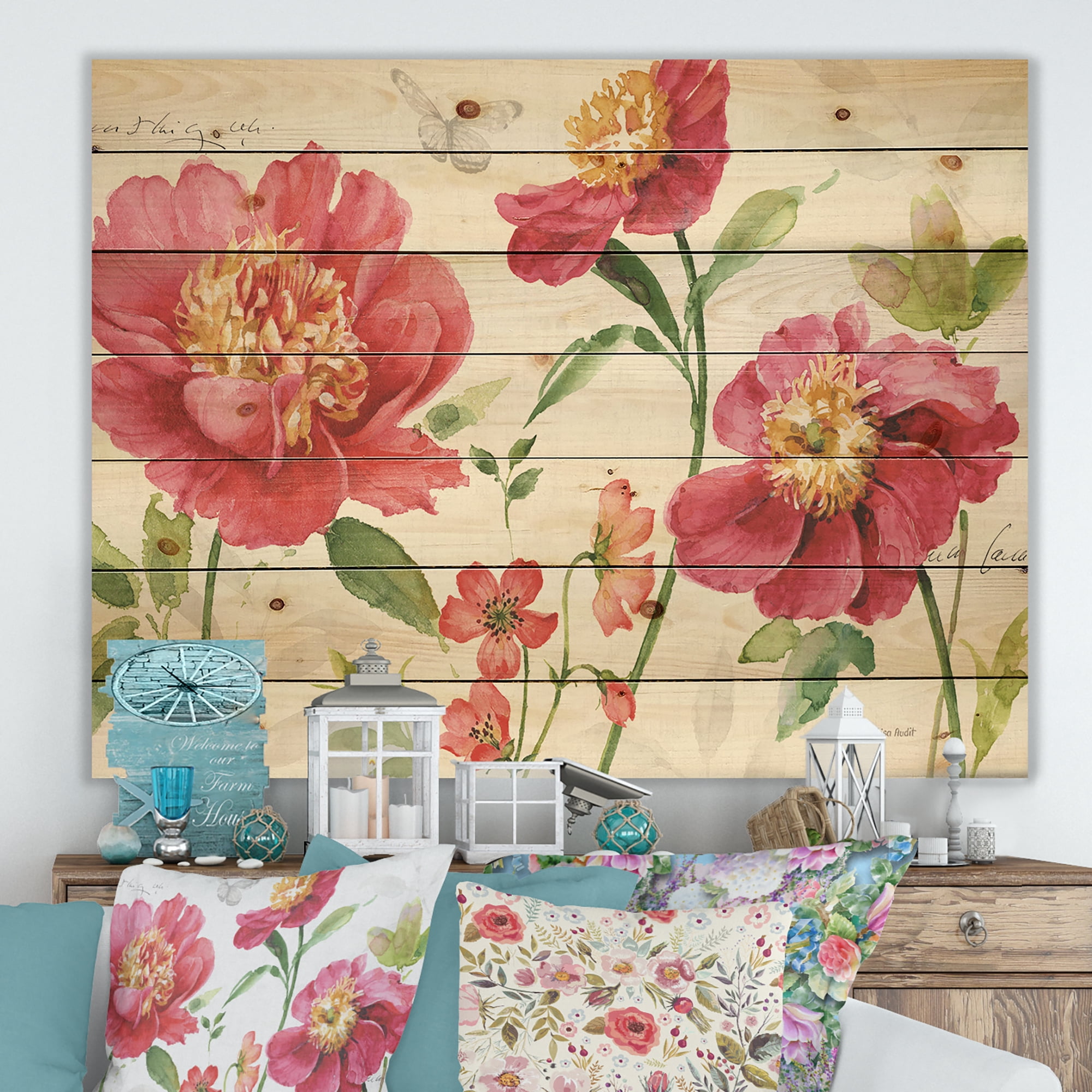 Designart 'Butterfly and Red Springflowers' Cabin & Lodge Print on Natural Pine Wood