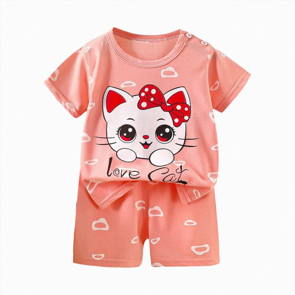 COMVALUE Cute Boys Short Sleeve Shirt+ Shorts Set Two-piece Kids Summer Cute Cartoon Going Car Print Top + Boyshorts Outfit (Pink, 5-6 Years)