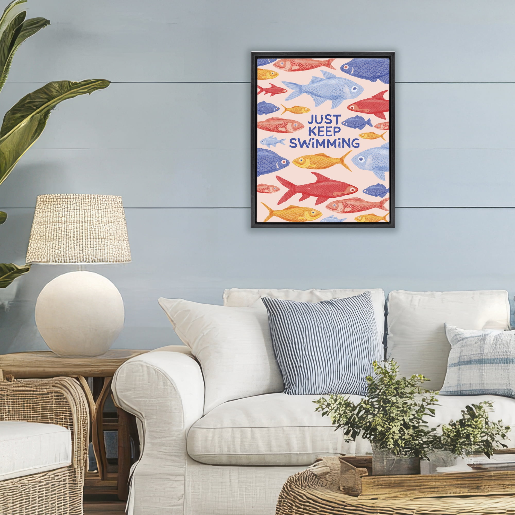Stupell Industries Just Keep Swimming Fish Black Framed Floater Canvas Wall Art, design by The Paper Curator