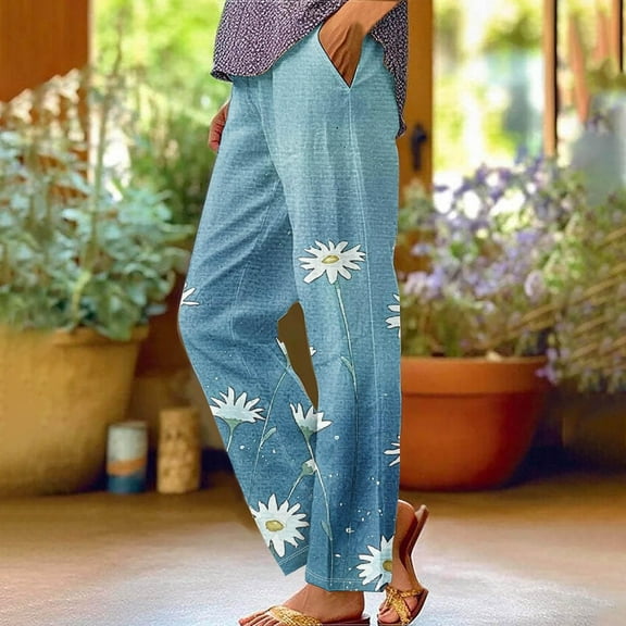 White Women's Casual Pants, Women'S Botanical Floral Print Loose Pocket Patchwork Casual Cotton And Linen Pants,Women's Casual Pants 5XL