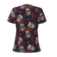 thumbnail image 3 of Goofa Roses Skulls Pattern Womens Deep V Neck Low Cut Tops Casual Summer Short Sleeve Ribbed Knit T-Shirts-Small, 3 of 5