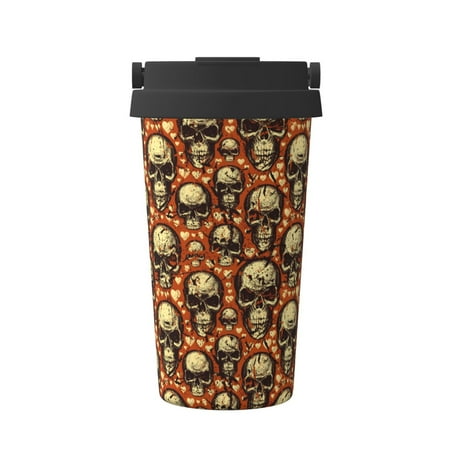

Xecao Skulls And Hearts Pattern Insulated Coffee Mug with Handle & Flip Thermos Mug Water Bottle Coffee Tumbler Cup