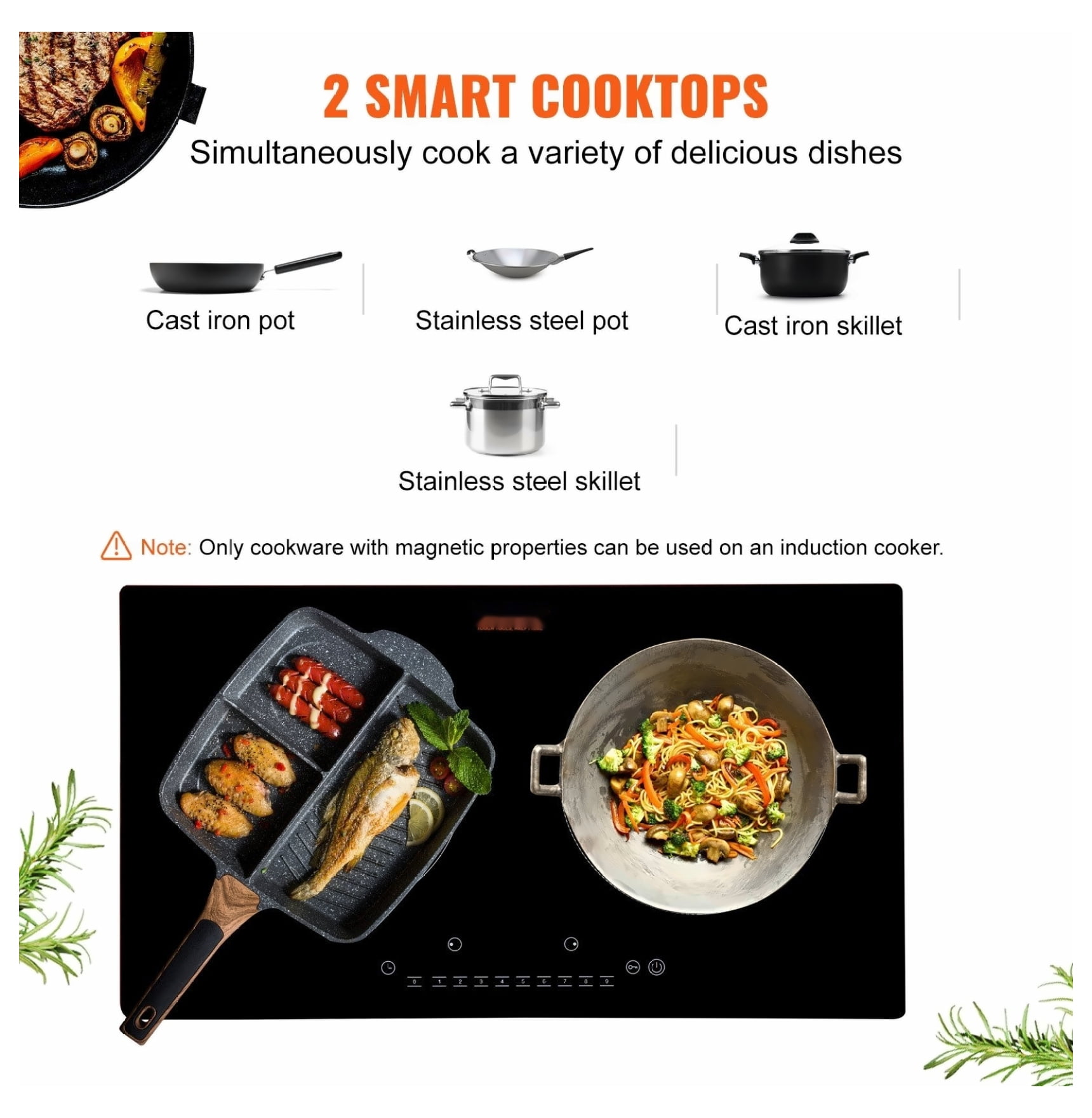 Electric Cooktop 2 Burner, 24'' Induction Stove Top Built-in, 1800W Magnetic Cooktop, 9 Heat Levels, LED Touch Control, Child Lock & Overheat Protection