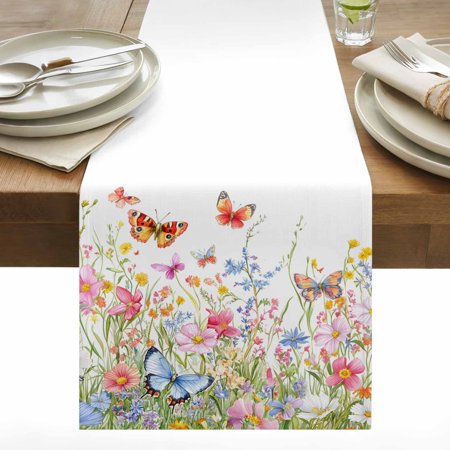 Spring Watercolor Cotton Linen Table Runner Colorful Butterfly Flowers Plants Dining Table Runners for Home Decor Party Dining Room Restaurant Kitchen 13 x 60