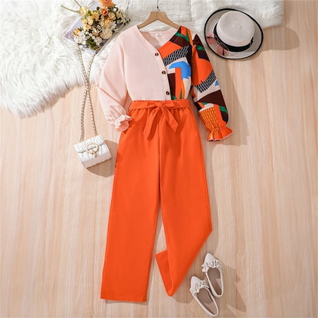 

Girls Big Girl Fall Color Blocking Floral Long Sleeve Top And Pants Baby Girl 2Pcs Fall Winter Outfits