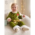 thumbnail image 4 of RUINIXCW Toddler Baby Girl Christmas Outfit Infant Baby Girls Fall Winter Clothes Furry Trim Heart Printed Velvet Shirt Tops and Belt Flare Pants Set, 4 of 10