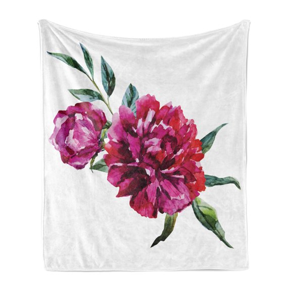 Pink Leaves Soft Flannel Fleece Throw Blanket, Flowers Petals and Leaves Macro Painting in Watercolor Effect, Cozy Plush for Indoor and Outdoor Use, 50" x 70", Multicolor, by Ambesonne